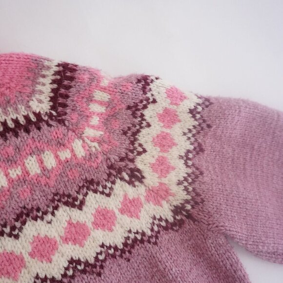 Hand Knit Pink Purple Winter Fisherman Fair Isle Turtleneck Wool Sweater S - Picture 10 of 11